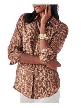 J.McLaughlin Womens Sz L Leopard Print Silk-Blend Button-Down Blouse Long Sleeve